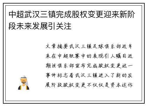 中超武汉三镇完成股权变更迎来新阶段未来发展引关注